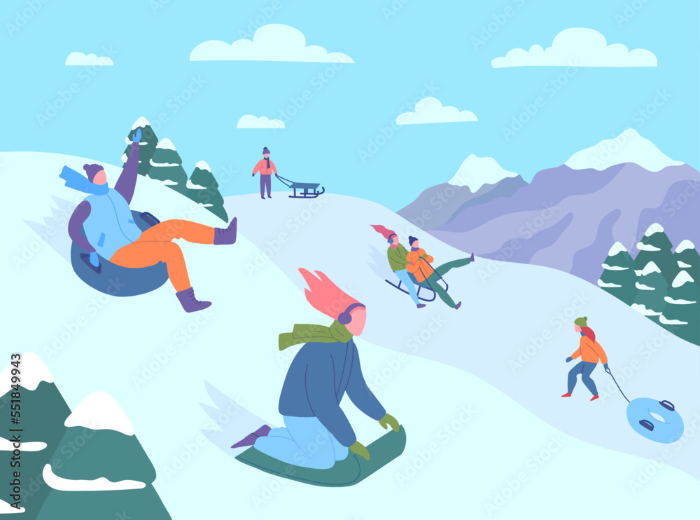 Cartoon Color Characters People Riding Sledding Slide in Mountain Resort Winter Holidays Concept Flat Design Style. Vector illustration