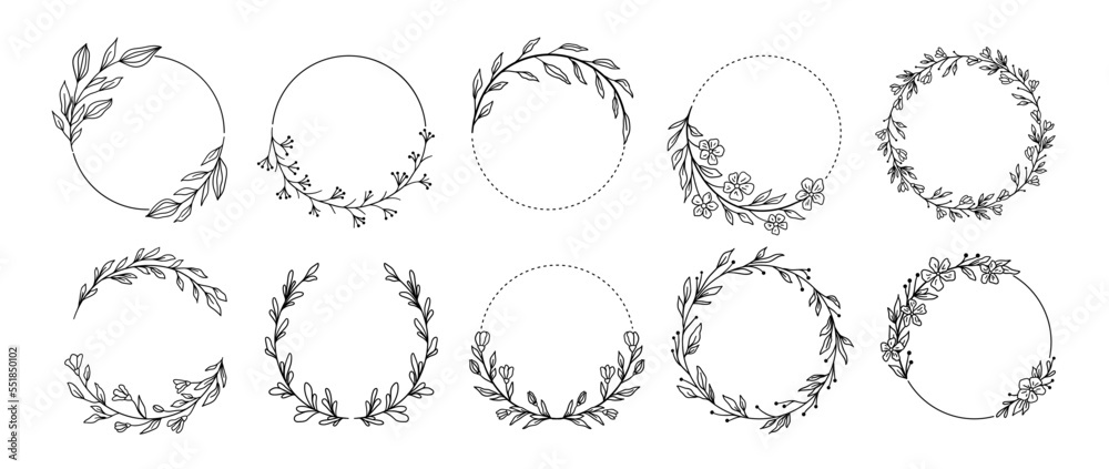 Wreath Signs Frames with Flowers, Branch or Leaves Black Thin Line Set. Vector illustration of Circle Frame Wreath Signs Frames with Flowers, Branch or Leaves Black Thin Line Set. Vector illustration of Circle Frame