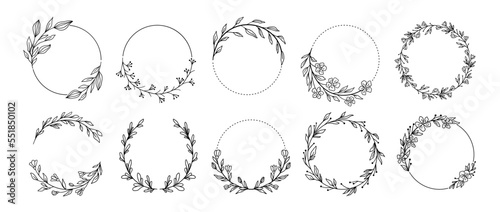 Wreath Signs Frames with Flowers, Branch or Leaves Black Thin Line Set. Vector illustration of Circle Frame