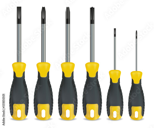 Realistic Detailed 3d Screwdriver with Rubber Handles Set Isolated on a White Background. Vector illustration of Different Sizes Screwdrivers