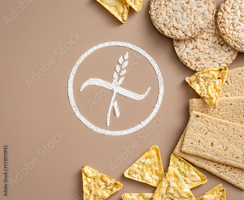 gluten free bread concept. puffed rice bread on beige background. text space . 