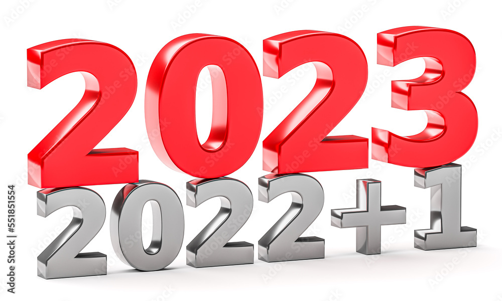 New year concept. Numbers 2022 plus 1 and 2023 isolated on white New year concept. Numbers 2022 plus 1 and 2023 isolated on white