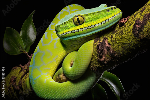 Python, tree-dwelling, green youngster up close on a black background branch snake, Morelia viridis, green Generative AI photo