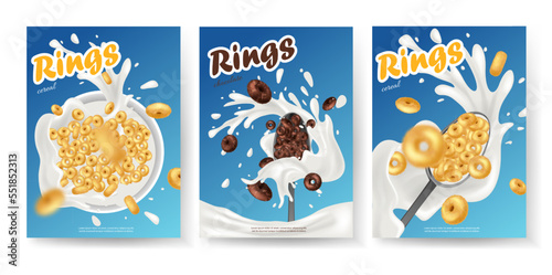 Breakfast cereal realistic poster set with rings isolated. Concept of healthy breakfast. 3d ring cereals or cheerios ad template.