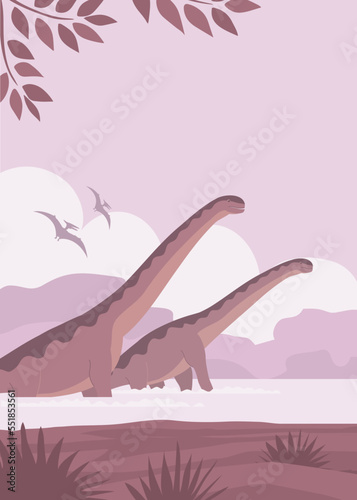 Big sauropods. Herbivorous dinosaur of the Jurassic period. Prehistoric pangolin. Science paleontology. Wild landscape. Vector cartoon illustration