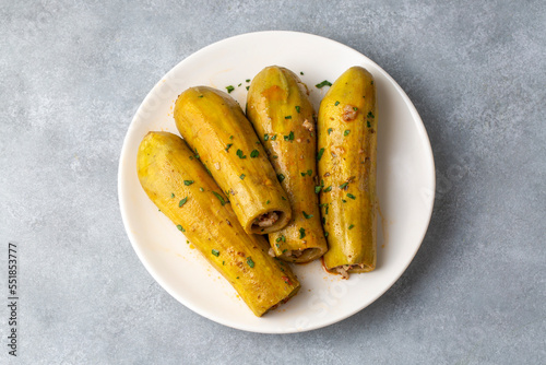 Stuffed zucchini with meat from traditional Turkish cuisine. Turkish name; etli kabak dolmasi photo