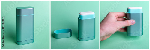 Set of photographs of a deodorant in turquoise color design use. Object shot, opened case and hand holding the cosmetic product.