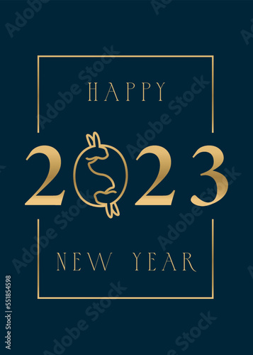 Happy new 2023 year Elegant gold text Minimal text template with rabbit dark blue background illustration card
