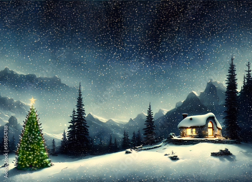 Mountain landscape at Christmas time - digital illustration.