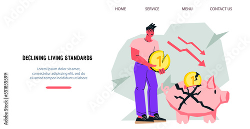 Website banner or landing page for high inflation losing money and crisis economy concept , flat vector illustration. Bankruptcy, financial crash and declining living standards.