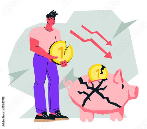High inflation losing money and crisis economy concept with a man next to broken piggy bank, flat vector illustration isolated. Bankruptcy, financial crash and declining living standards.