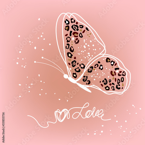 stylized leopard pattern on the wings of butterflies. concept of love, tenderness, beauty, fashion, postcard, logo. pastel
 pink background. One continuous line drawing white line