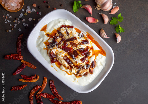 Traditional Turkish and Greek Meze with chili peppers. Turkish Appetizer Atom with yogurt. Turkish atom meze photo