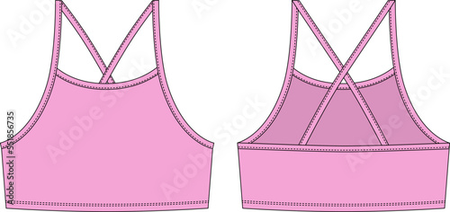 Girl bralette technical sketch. Pink color. Women's top bra with straps underwear design template.