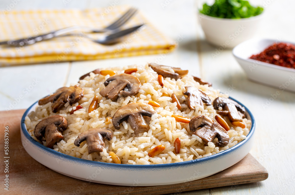 Mushroom rice pilaf, Turkish name; Mantarli pirinc pilavi Mushroom rice pilaf, Turkish name; Mantarli pirinc pilavi