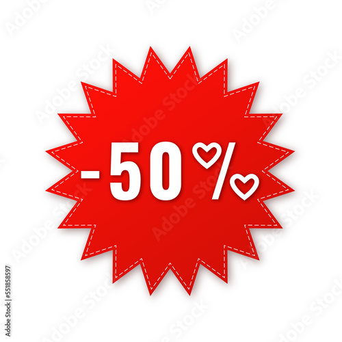 Sale, price tag or label 50 % for Valentine's Day isolated on transparent background. Shopping sticker and badge for merchandise and promotion. Red sticker for web banners with realistic shadow.