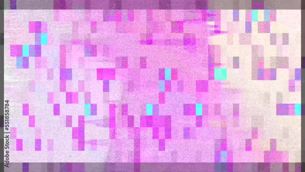 Purple and blue glitch loop animation with pixels, motion graphics dynamic background.