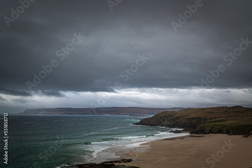 An ominous autumnal HDR image of Sango beach and bay, Durness, on the North coast 500 tourist route, Sutherland, Scotland.