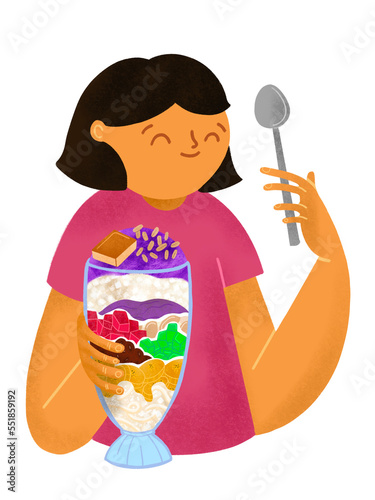 Filipino lady eating halo-halo from a tall glass with a spoon