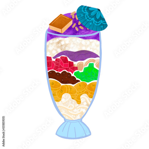Filipino halo-halo with teal paper parasol in tall glass
