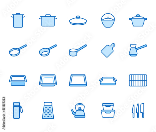 Cookware line icon set. Kitchen equipment - cooker pan pot, frying griddle, lid, knife grater minimal vector illustration. Simple outline sign of cooking utensils. Blue color, editable stroke