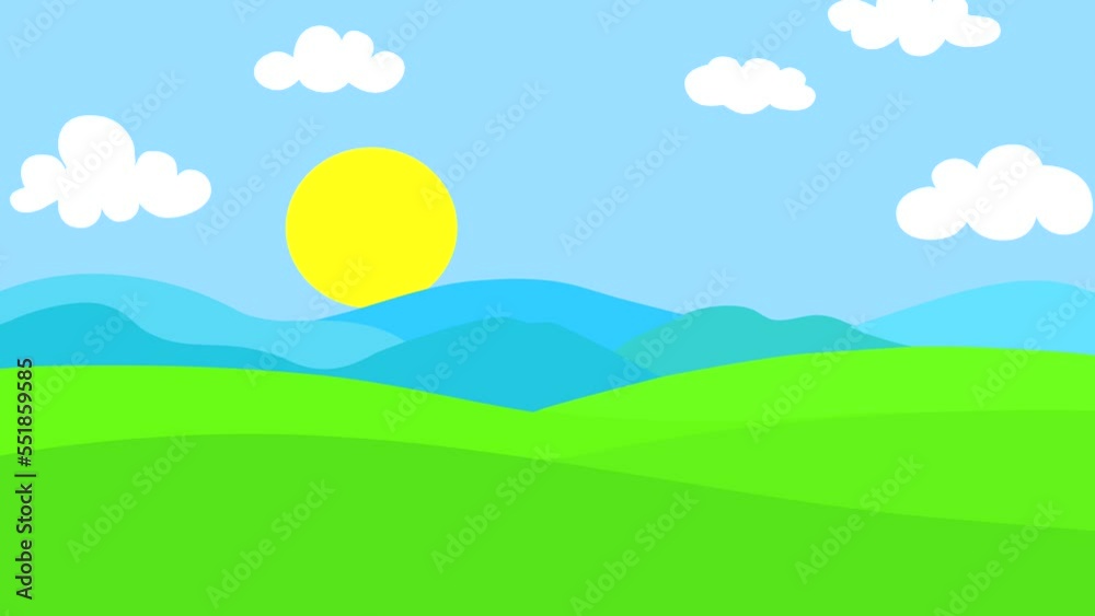 cartoon animation Rising and setting sun Against the backdrop of mountains and green hills cartoon animation Rising and setting sun Against the backdrop of mountains and green hills