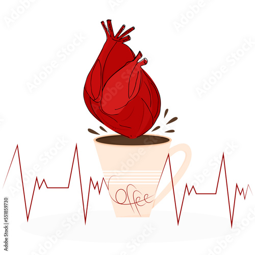 Human heart in a cup of hot coffee. Increased heart rate due to caffeine. Invigorating drink. Vector illustration in flat style