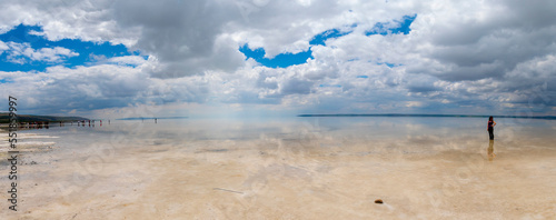 Panorama of dried area of salt lake, located in the Central Anatolia, Turkey. Lake Tuz is the second largest lake in Turkey and one of the largest hypersaline lakes in the world. photo