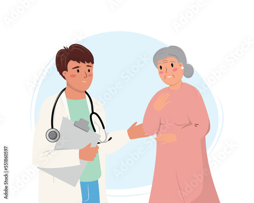 Illustration of the doctor and eldery woman talking about her problems. Sad old lady by doctor. Health care, clinic, help, expertise, medical treatment concept illustration.