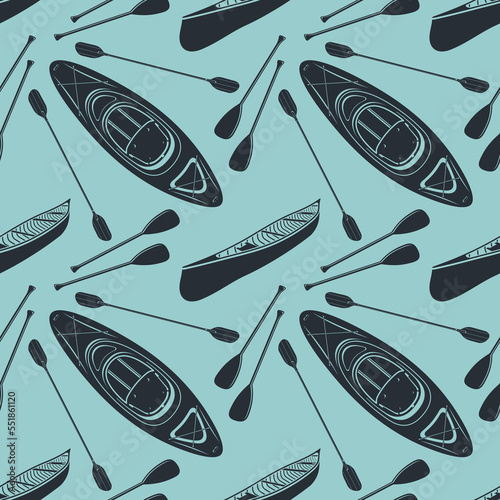 Seamless pattern with Canoe, Kayak and paddles. Vector illustration