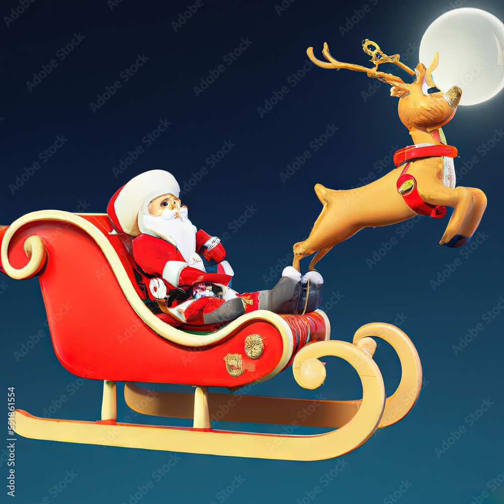 Santa claus sled with rudolph red nose reindeer flying on the moon ...