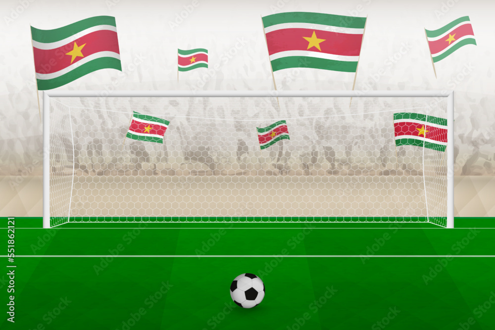 Suriname football team fans with flags of Suriname cheering on stadium