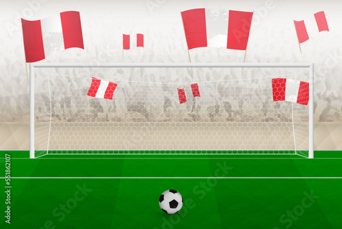 Peru football team fans with flags of Peru cheering on stadium, penalty kick concept in a soccer match.