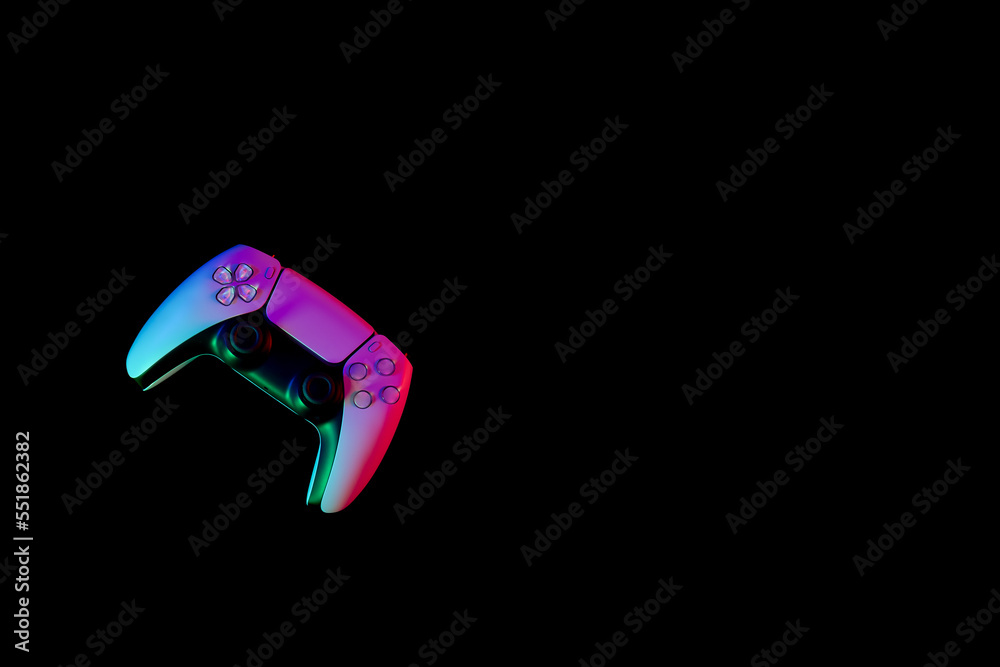 Modern white gamepad illuminated red and blue on a black background, copy space, game controller for video games. Modern white gamepad illuminated red and blue on a black background, copy space, game controller for video games.