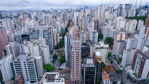 Many buildings in the Jardins neighborhood in Sao Paulo, Brazil. Residential and commercial buildings. Aerial view