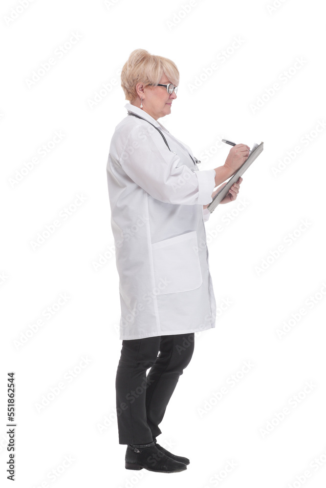 in full growth. competent doctor with a clipboard.