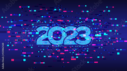 2023 futuristic new year festival. Digital computer technology celebration. Abstract cyberspace geometric elements