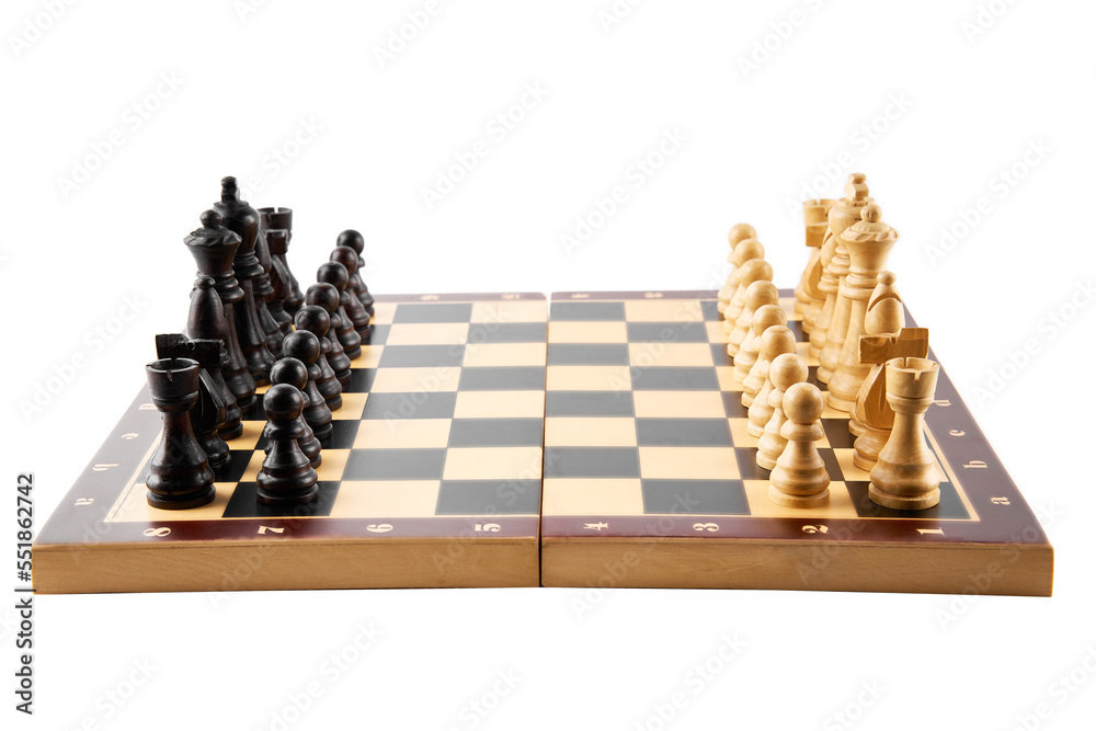 Vintage chess board with checkers pawns knights rooks bishops