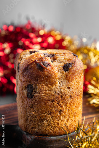 panettone Christmas sweet dessert traditional baking easter cake fresh healthy meal food snack on the table copy space food background rustic top view