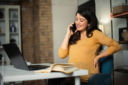 Beautiful pregnant woman working on laptop. Young businesswoman talking to the phone..