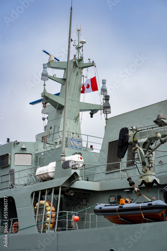 St. John's Newfoundland Canada, September 27 2022: Canadian Navy vessel in harbour with lifeboat and mast.