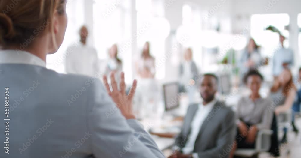 Applause, woman and presentation in seminar, hands .and workshop for speaking to employees and business people. Female mentor, team and talking about project planning, information and development.