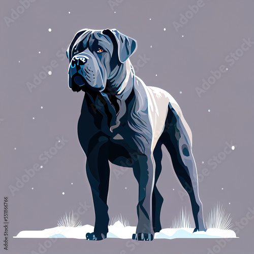 Big black Cane Corso dog stands outdoors in the winter, Generative AI
