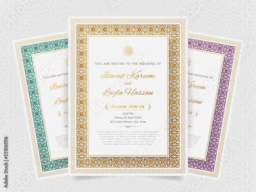 Arabic-style wedding invitation card design with Islamic colorful border 