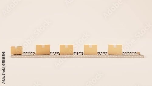 Packaging box and conveyor belt, 3d rendering.