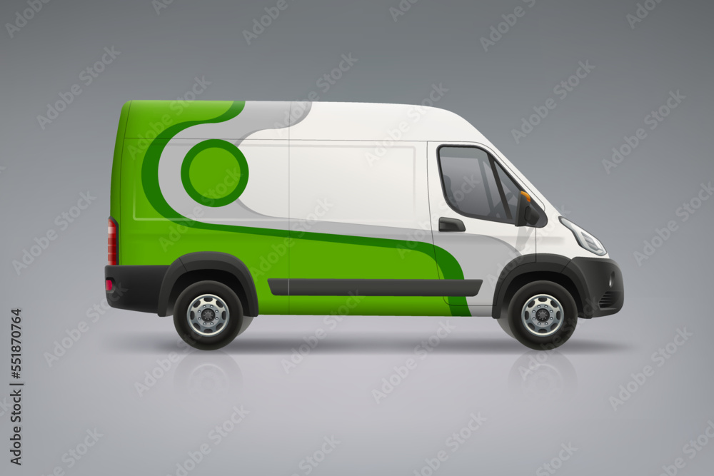 Company Van mockup with branding design. Wrap, sticker and decal design for company. Abstract green stripes graphics on corporate vehicle. Branding on business transport. Editable vector