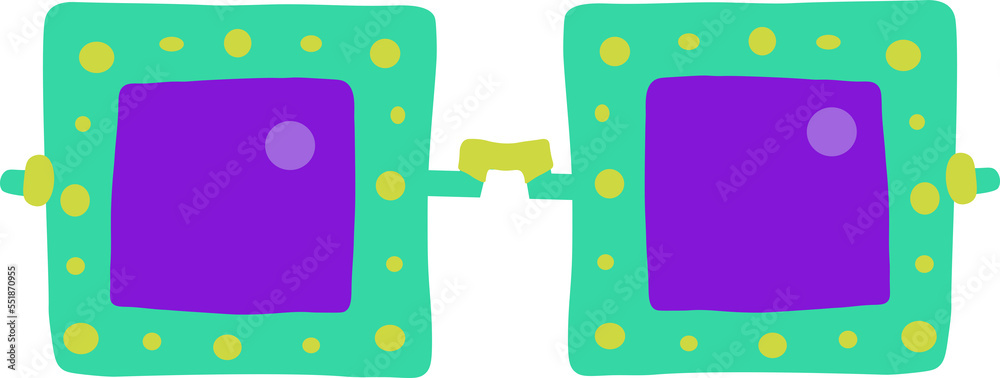 Fashionable sunglasses with green square frame. Purple elegant beach eyewear. Cartoon trendy optical glasses Fashionable sunglasses with green square frame. Purple elegant beach eyewear. Cartoon trendy optical glasses
