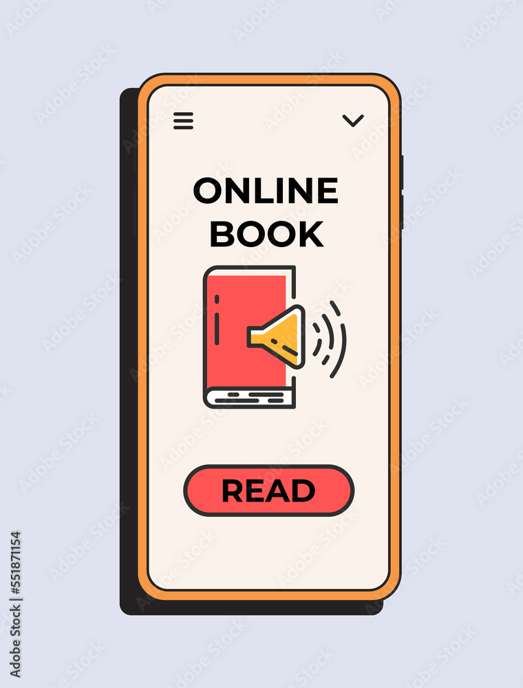Online audio book app. Digital reading, library in your phone. Vector smartphone with reader app. Online education, e-learning and digital library. Vector illustraion concept