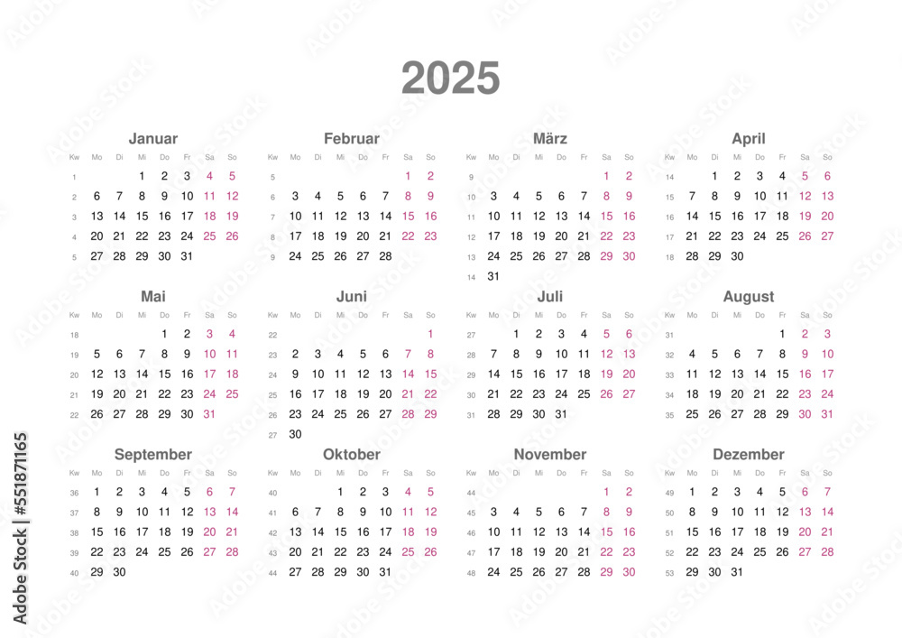 Kalender 2025 mit Wochenzählung, deutsch, Querformat Stock-Vektorgrafik  Adobe Stock