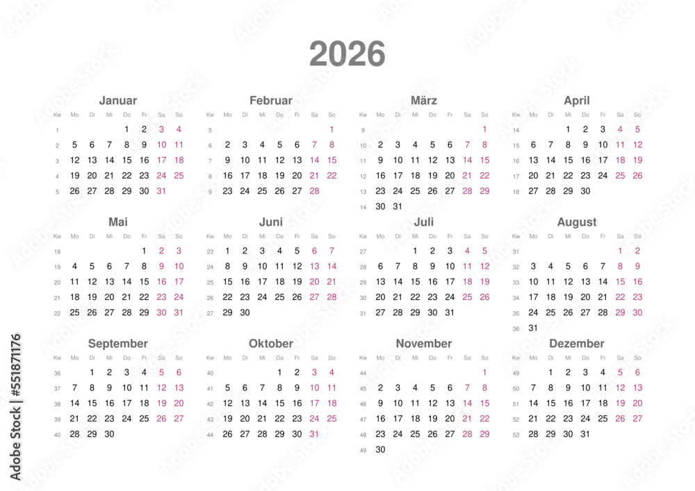 Kalender 2026 mit Wochenzählung, deutsch, Querformat Kalender 2026 mit Wochenzählung, deutsch, Querformat